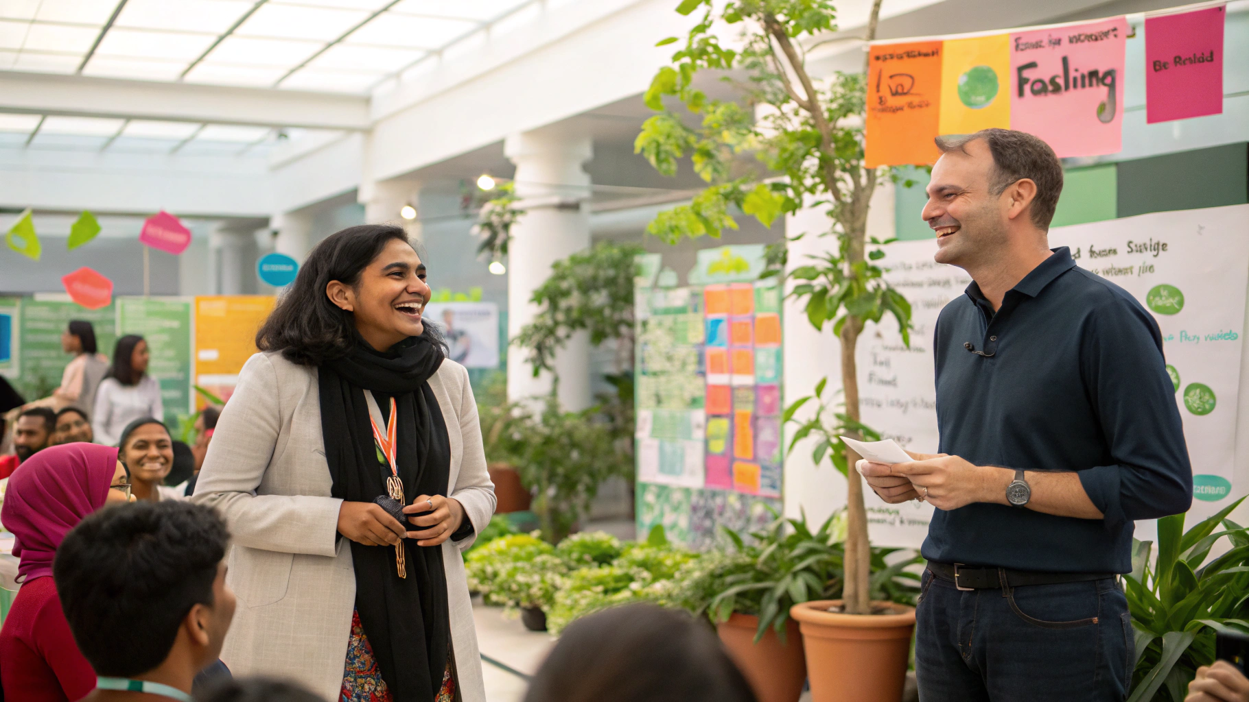 Diverse community members collaborating in a bright, welcoming Canadian community center