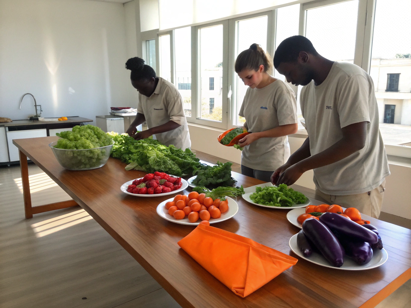 Volunteers organizing fresh produce for local food security